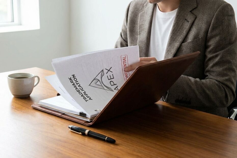 Business owner reviewing a trademark application for a business name and logo
