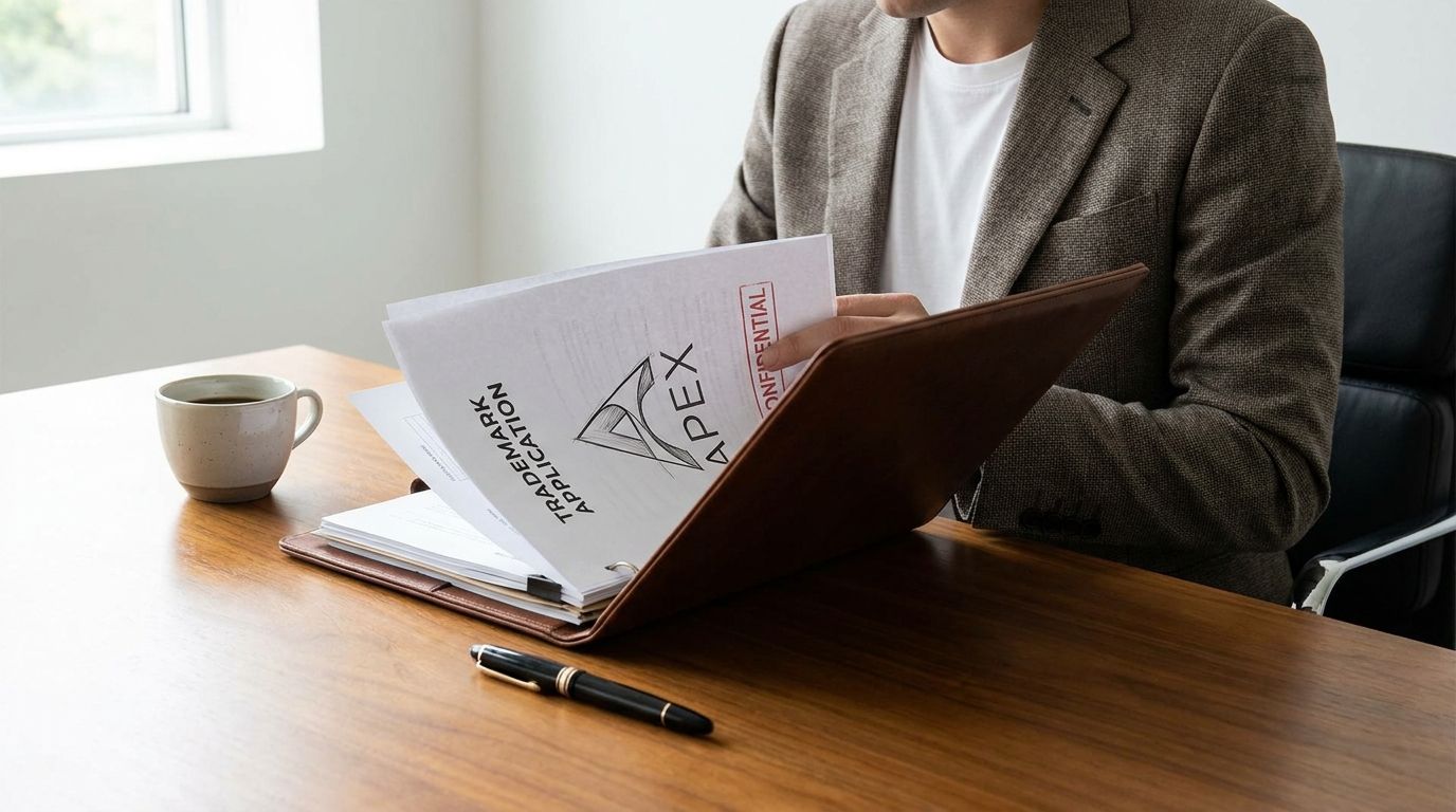 Business owner reviewing a trademark application for a business name and logo