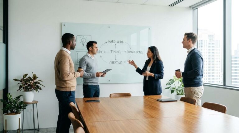 Entrepreneur reviewing startup plans with colleagues around a table