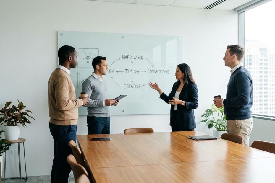 Entrepreneur reviewing startup plans with colleagues around a table