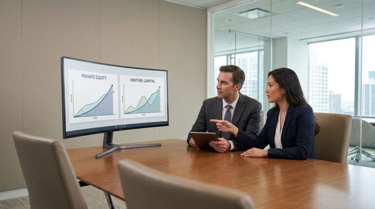 Business professionals comparing private equity and venture capital investment charts in a meeting