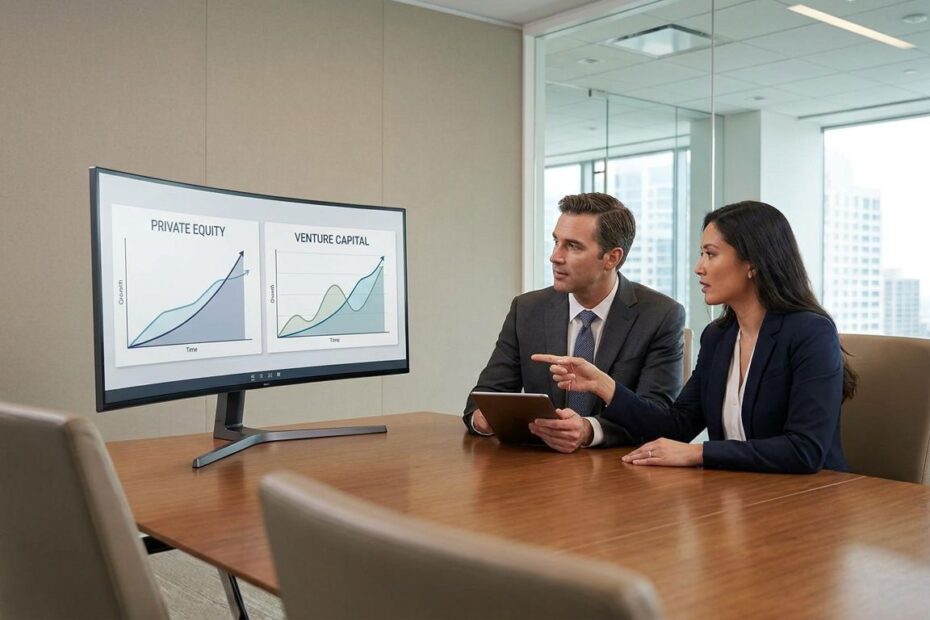 Business professionals comparing private equity and venture capital investment charts in a meeting