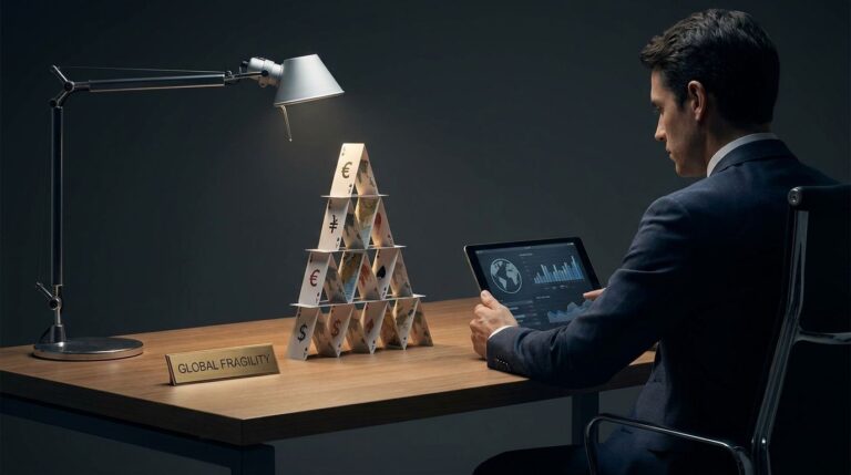 Financial analyst studying market charts beside a fragile house of cards with dollar symbols