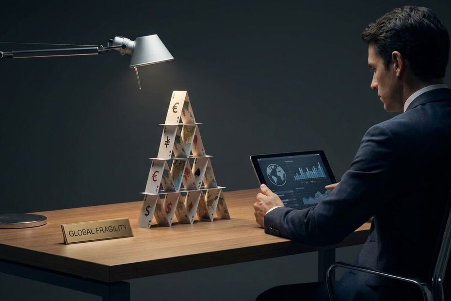 Financial analyst studying market charts beside a fragile house of cards with dollar symbols