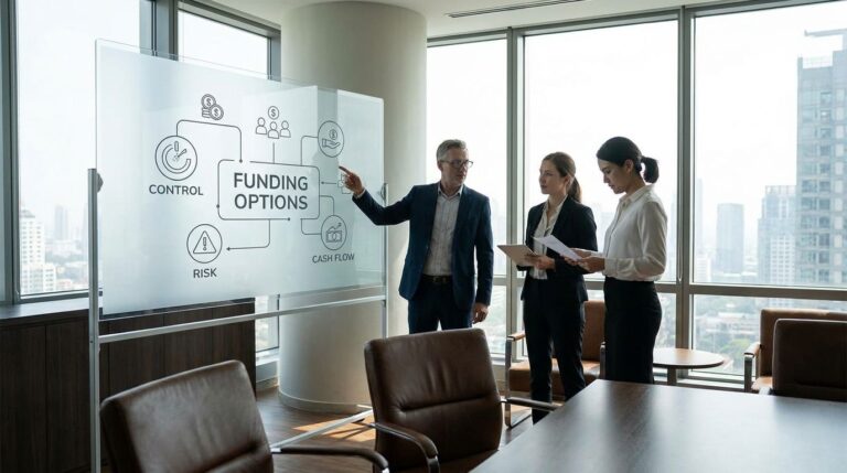 Business executives reviewing debt and equity financing options for international expansion on a global market chart