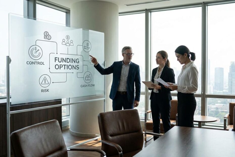 Business executives reviewing debt and equity financing options for international expansion on a global market chart