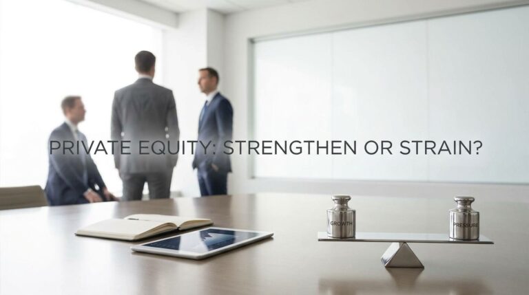 Business professionals reviewing private equity deal charts and financial documents in a meeting