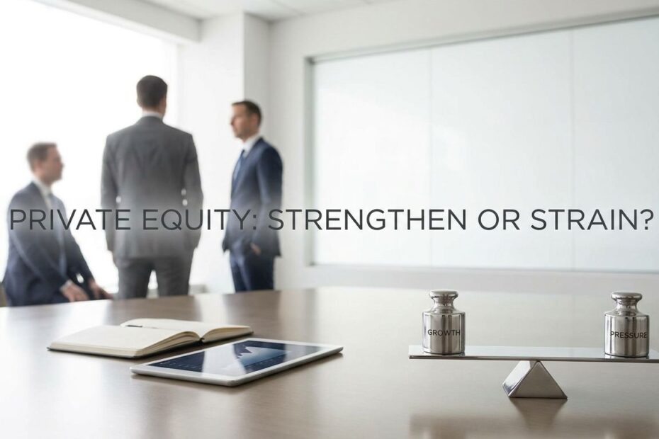 Business professionals reviewing private equity deal charts and financial documents in a meeting