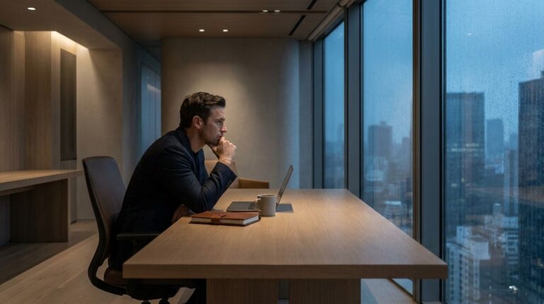 A founder sitting alone at a desk in a dim office, reflecting on business challenges