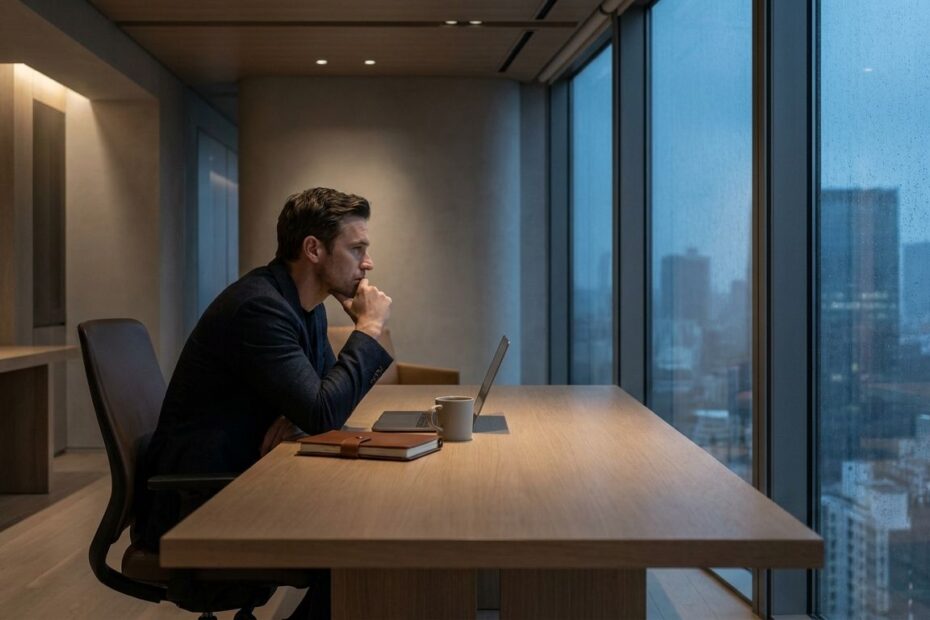 A founder sitting alone at a desk in a dim office, reflecting on business challenges