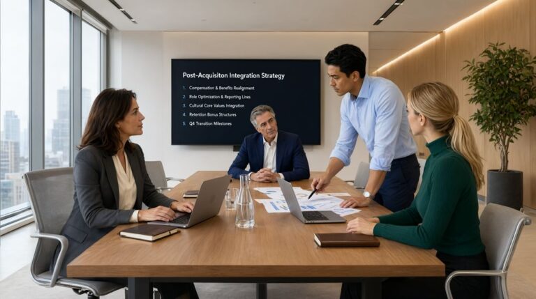 Employees in a conference room reviewing changes after a private equity buyout