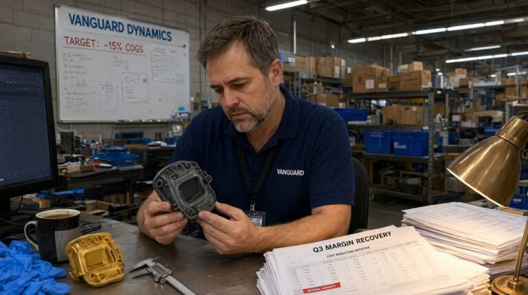 Manager reviewing product defects beside a private equity cost cutting chart