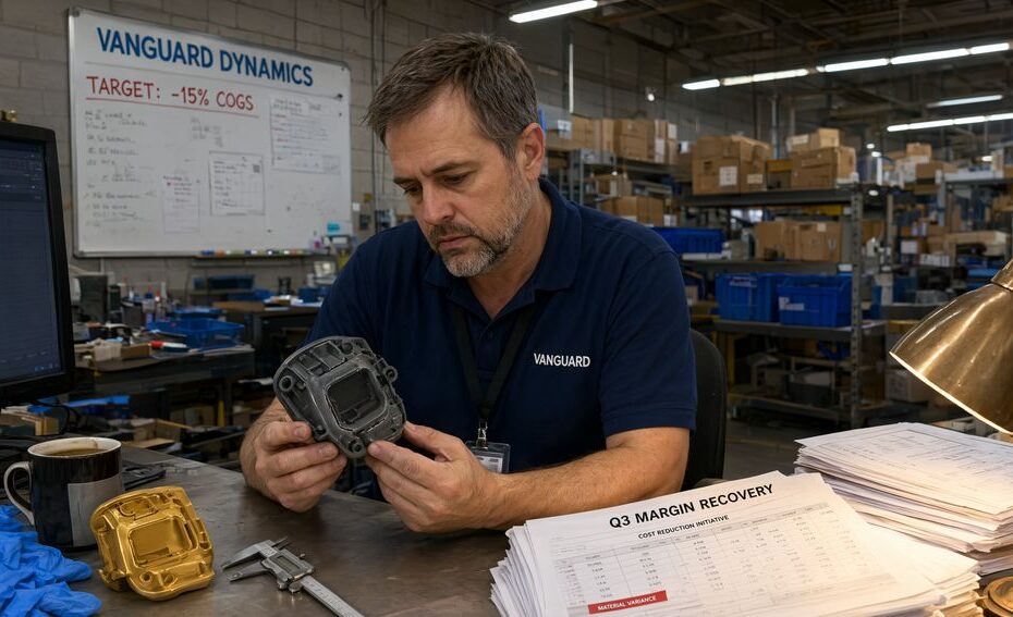 Manager reviewing product defects beside a private equity cost cutting chart